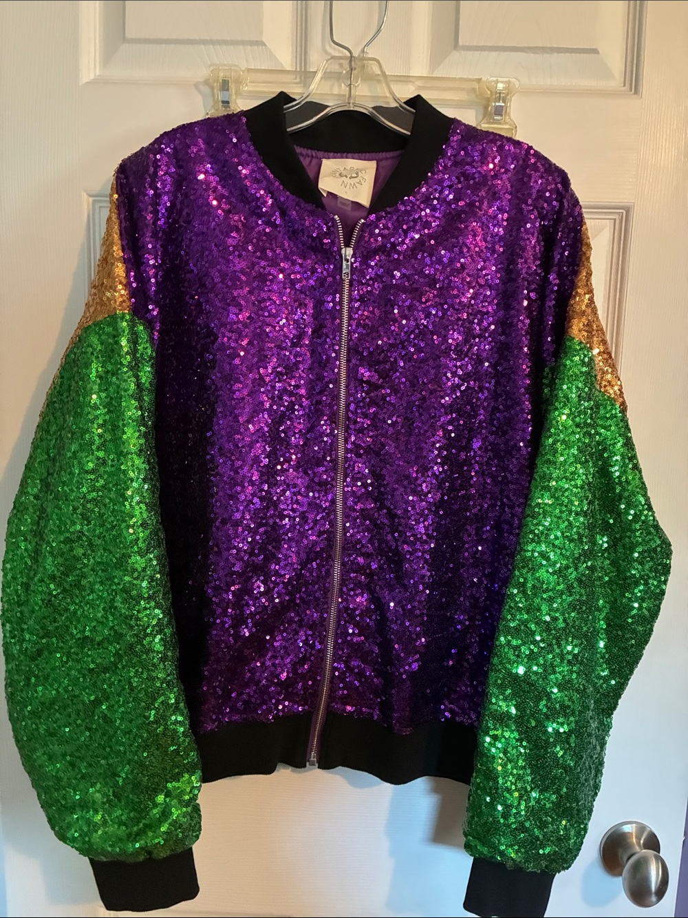 Mardi Gras Sequin Colorblock Bomber Jacket - Purple, Green & Gold